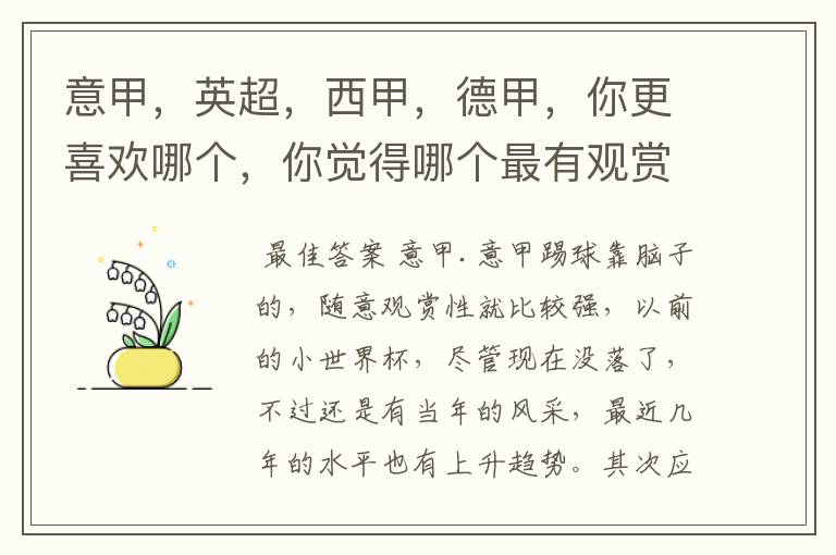 意甲,英超,西甲,德甲,你更喜欢哪个,你觉得哪个最有观赏性