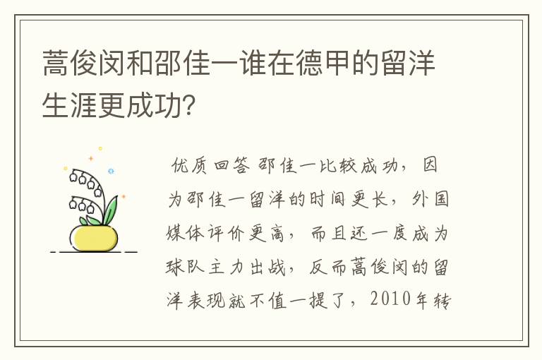 蒿俊闵和邵佳一谁在德甲的留洋生涯更成功?