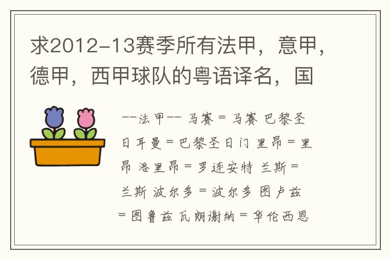 求2012-13赛季所有法甲,意甲,德甲,西甲球队的粤语译名,国粤对照。
