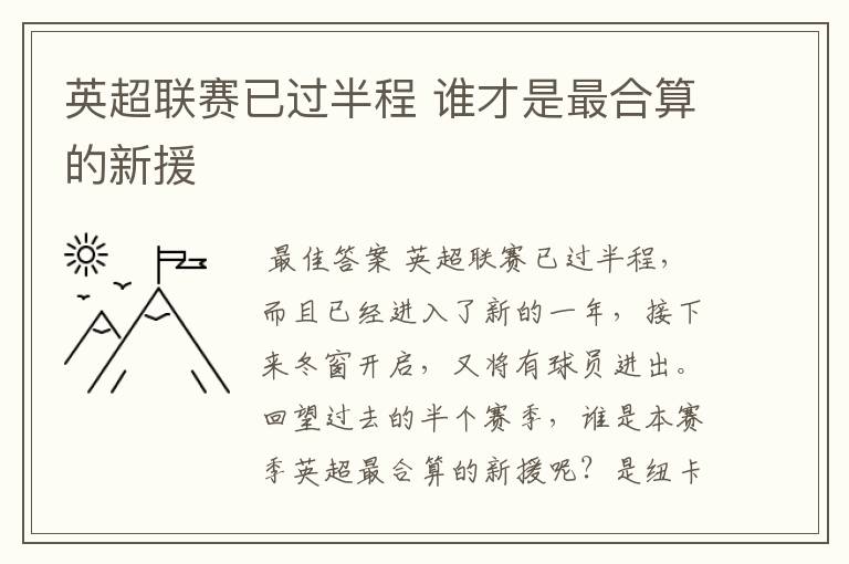 英超联赛已过半程 谁才是最合算的新援