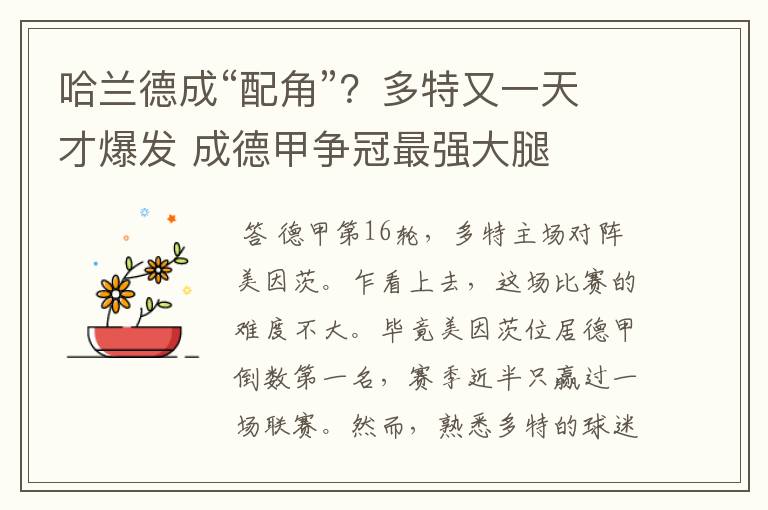 哈兰德成“配角”?多特又一天才爆发 成德甲争冠最强大腿