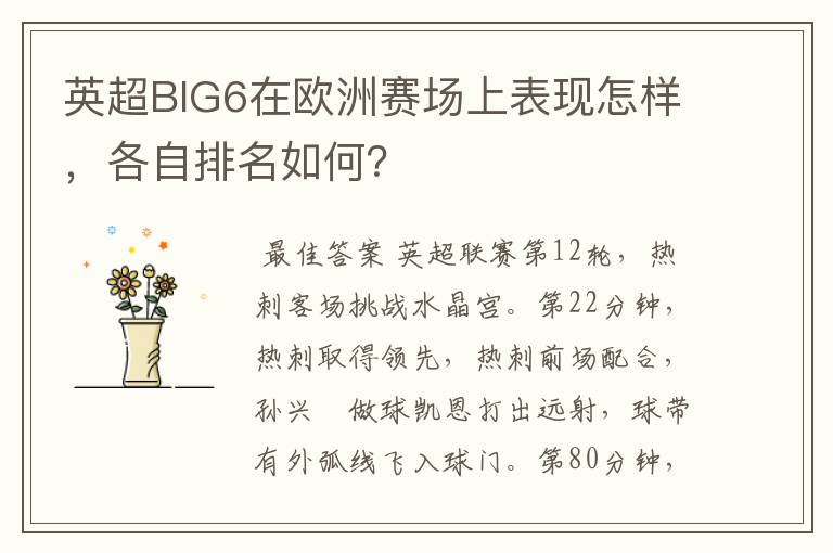 英超BIG6在欧洲赛场上表现怎样,各自排名如何?