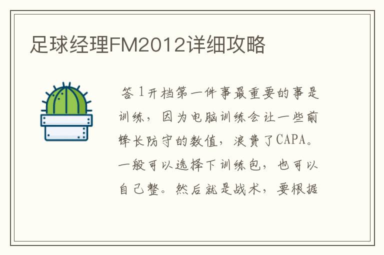 足球经理FM2012详细攻略