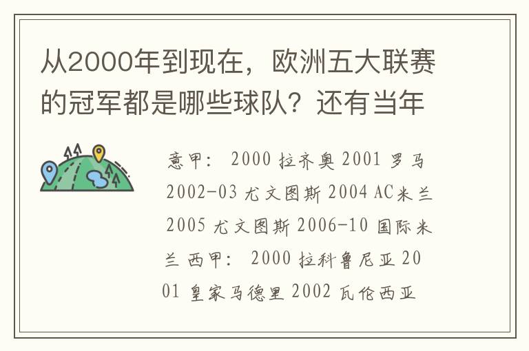 从2000年到现在,欧洲五大联赛的冠军都是哪些球队?还有当年的欧冠冠军。