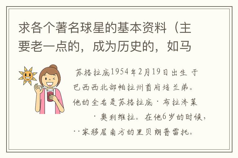 求各个著名球星的基本资料(主要老一点的,成为历史的,如马拉多纳,之前的)