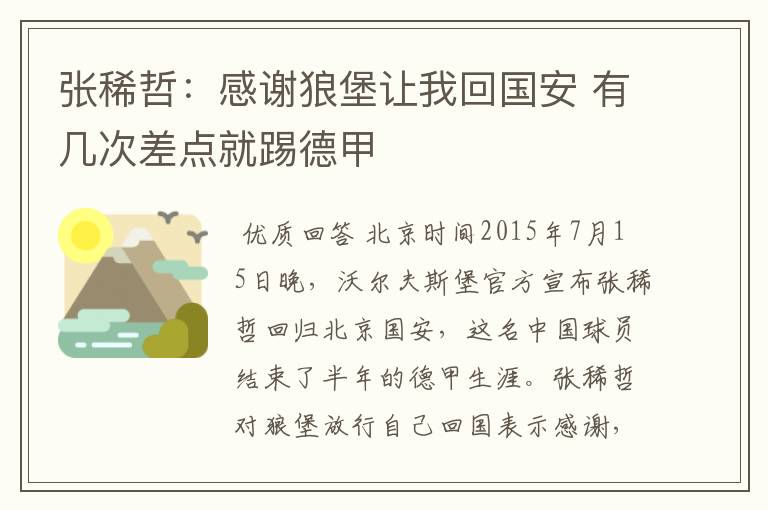 张稀哲:感谢狼堡让我回国安 有几次差点就踢德甲