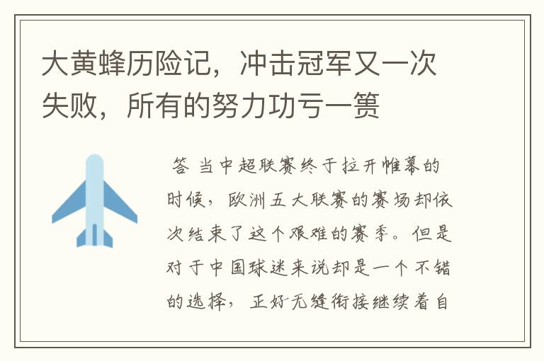 大黄蜂历险记,冲击冠军又一次失败,所有的努力功亏一篑