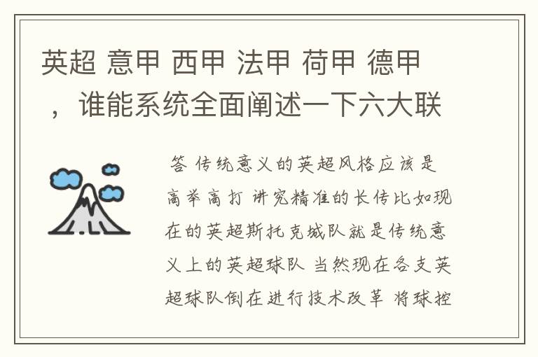 英超 意甲 西甲 法甲 荷甲 德甲 ,谁能系统全面阐述一下六大联赛风格的优缺点 ,