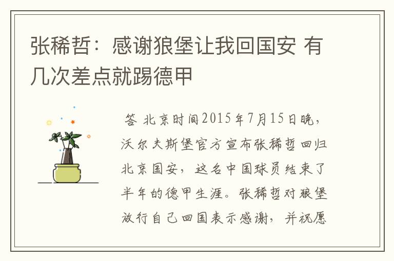 张稀哲:感谢狼堡让我回国安 有几次差点就踢德甲