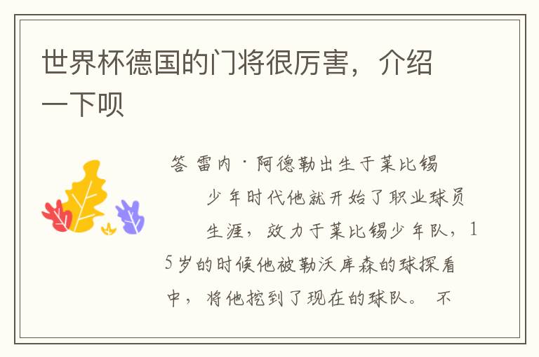 世界杯德国的门将很厉害,介绍一下呗