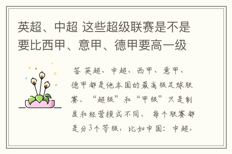 英超、中超 这些超级联赛是不是要比西甲、意甲、德甲要高一级别啊!还是规模更大一些?超级连赛高于甲级联