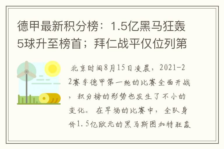 德甲最新积分榜:1.5亿黑马狂轰5球升至榜首;拜仁战平仅位列第7