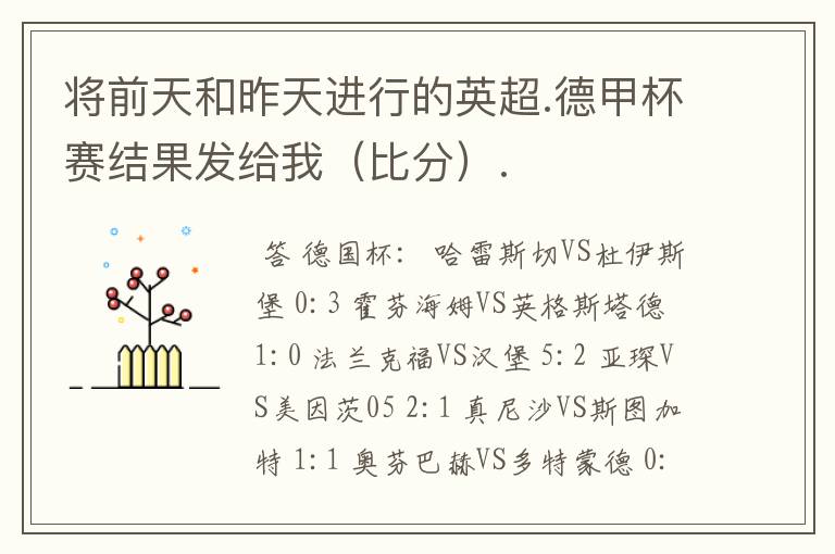 将前天和昨天进行的英超.德甲杯赛结果发给我(比分).