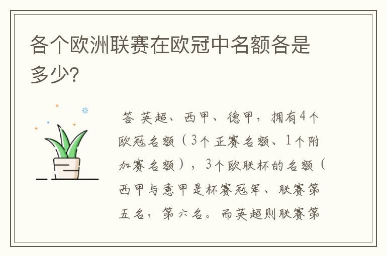 各个欧洲联赛在欧冠中名额各是多少?