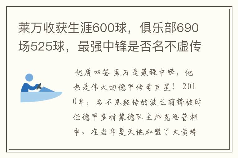 莱万收获生涯600球,俱乐部690场525球,最强中锋是否名不虚传?