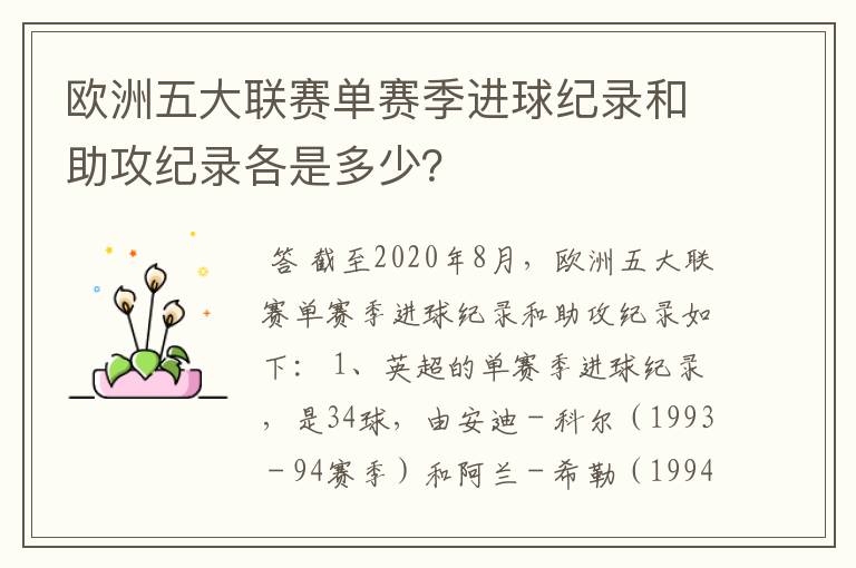 欧洲五大联赛单赛季进球纪录和助攻纪录各是多少?