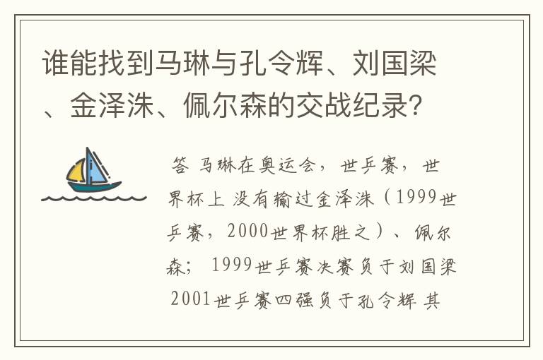 谁能找到马琳与孔令辉、刘国梁、金泽洙、佩尔森的交战纪录?