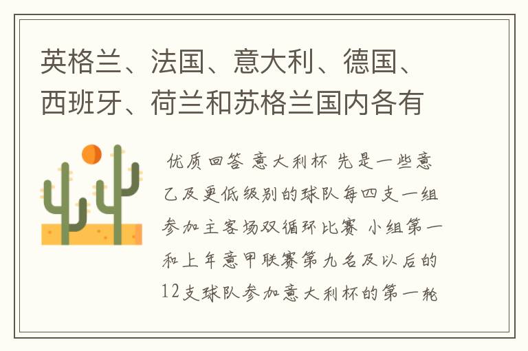 英格兰、法国、意大利、德国、西班牙、荷兰和苏格兰国内各有什么杯赛?