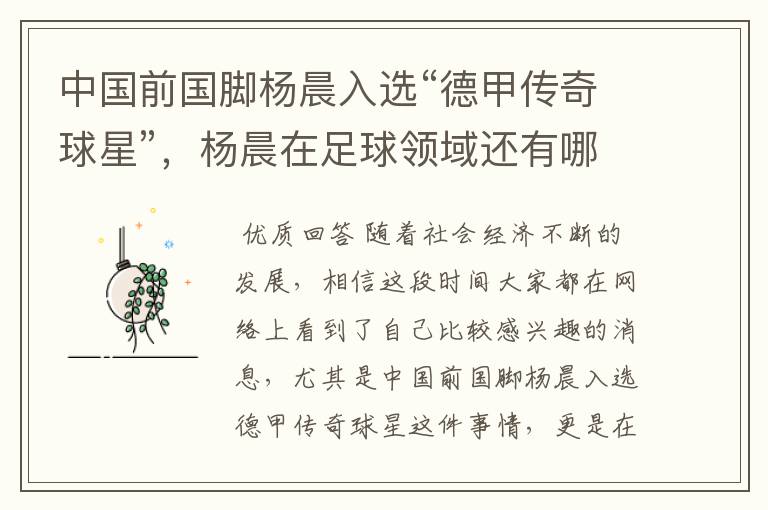中国前国脚杨晨入选“德甲传奇球星”,杨晨在足球领域还有哪些成就?