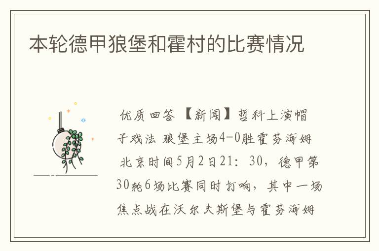 本轮德甲狼堡和霍村的比赛情况