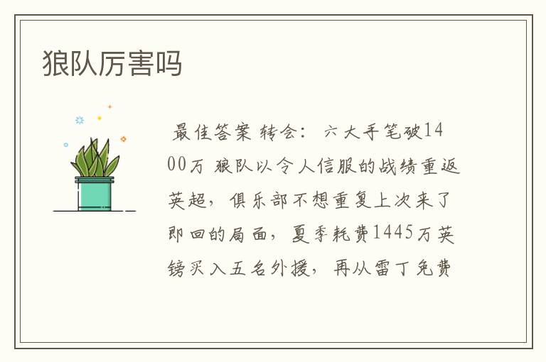 狼队厉害吗