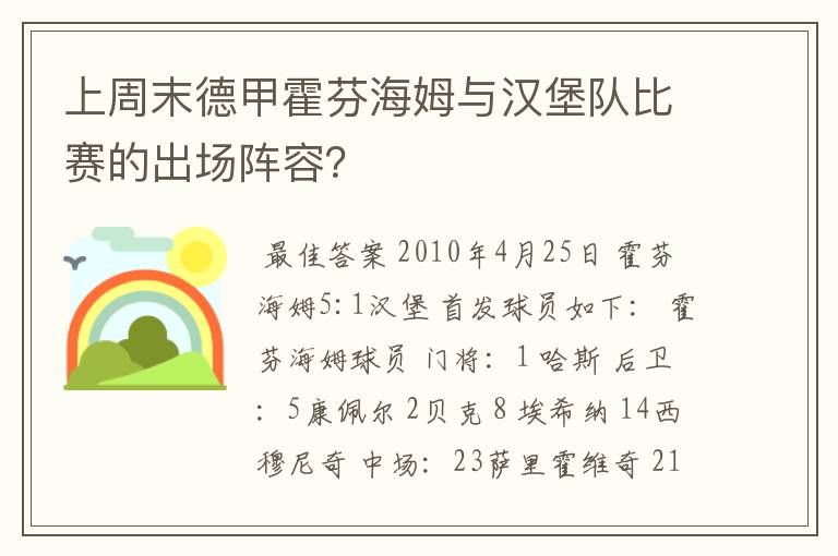 上周末德甲霍芬海姆与汉堡队比赛的出场阵容？