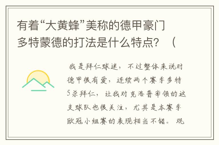 有着“大黄蜂”美称的德甲豪门多特蒙德的打法是什么特点?(请多特蒙德资深球迷回答)