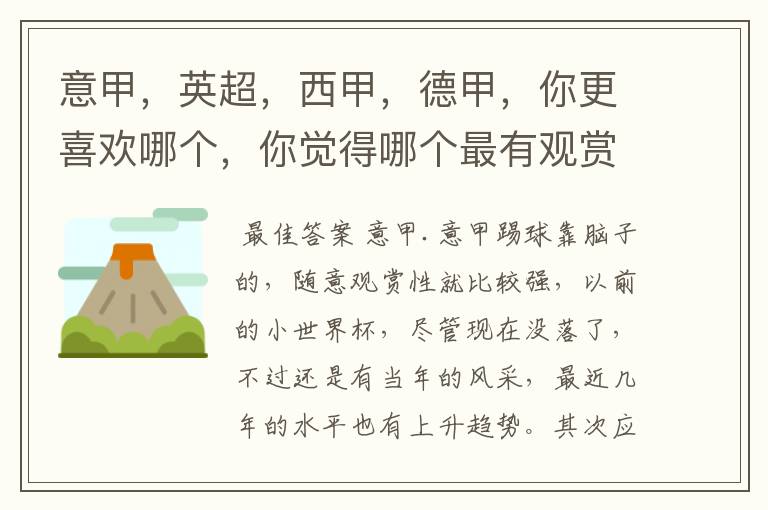意甲,英超,西甲,德甲,你更喜欢哪个,你觉得哪个最有观赏性