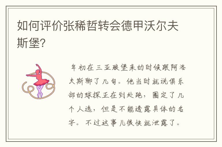 如何评价张稀哲转会德甲沃尔夫斯堡?