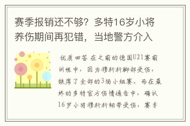 赛季报销还不够？多特16岁小将养伤期间再犯错，当地警方介入
