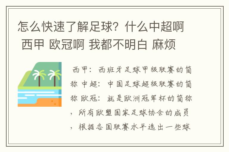 怎么快速了解足球?什么中超啊 西甲 欧冠啊 我都不明白 麻烦 有哪位特别了解足球的 跟我讲讲,多谢