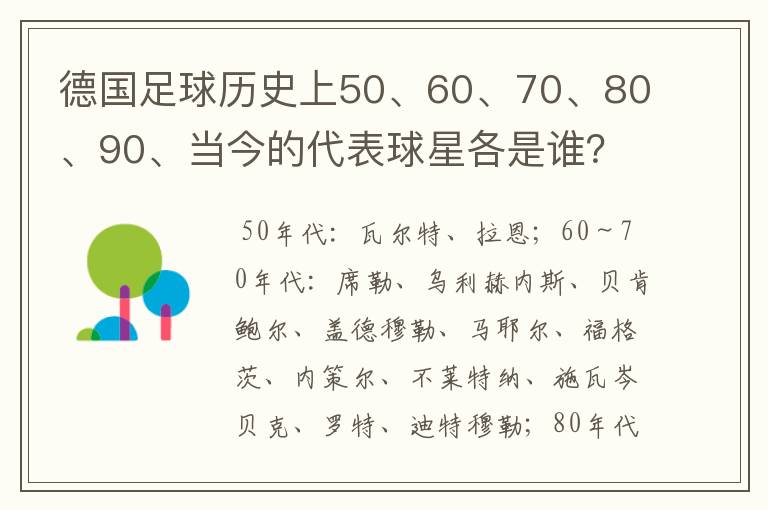 德国足球历史上50、60、70、80、90、当今的代表球星各是谁?