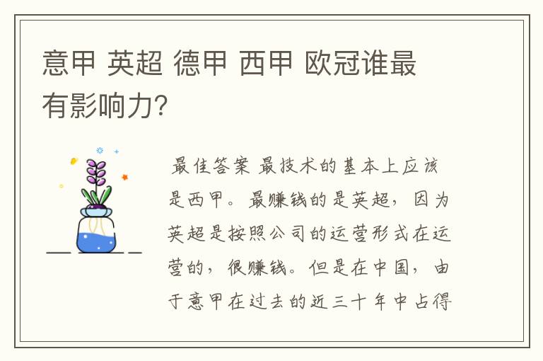意甲 英超 德甲 西甲 欧冠谁最有影响力?