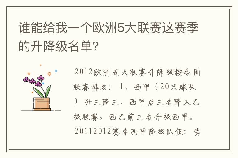 谁能给我一个欧洲5大联赛这赛季的升降级名单?