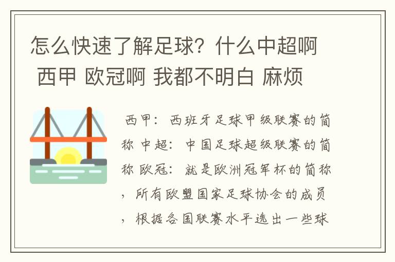 怎么快速了解足球?什么中超啊 西甲 欧冠啊 我都不明白 麻烦 有哪位特别了解足球的 跟我讲讲,多谢
