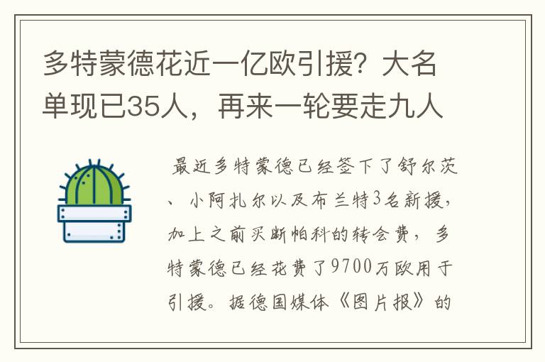 多特蒙德花近一亿欧引援?大名单现已35人,再来一轮要走九人