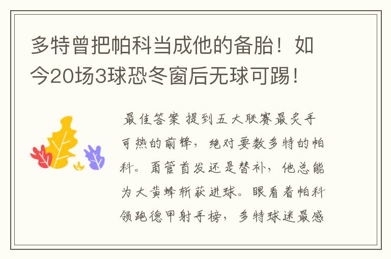 多特曾把帕科当成他的备胎!如今20场3球恐冬窗后无球可踢!