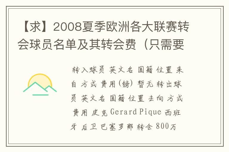 【求】2008夏季欧洲各大联赛转会球员名单及其转会费(只需要知名球星)