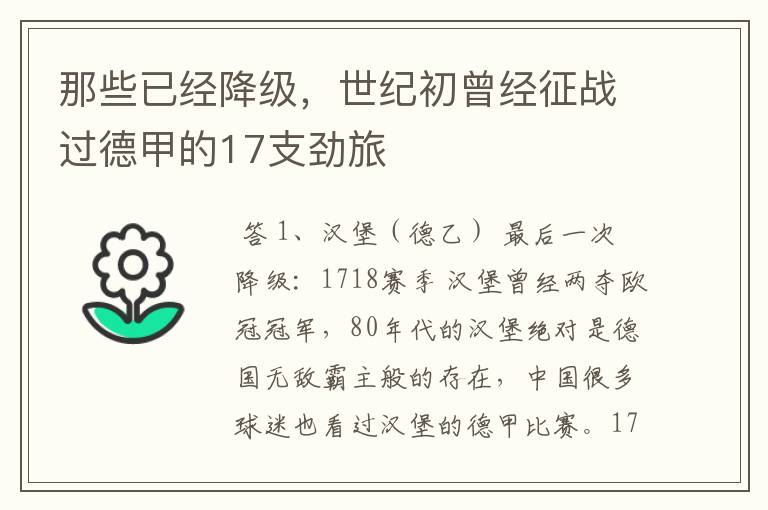 那些已经降级,世纪初曾经征战过德甲的17支劲旅