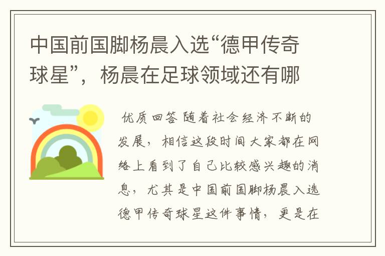 中国前国脚杨晨入选“德甲传奇球星”,杨晨在足球领域还有哪些成就?