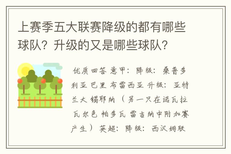 上赛季五大联赛降级的都有哪些球队?升级的又是哪些球队?