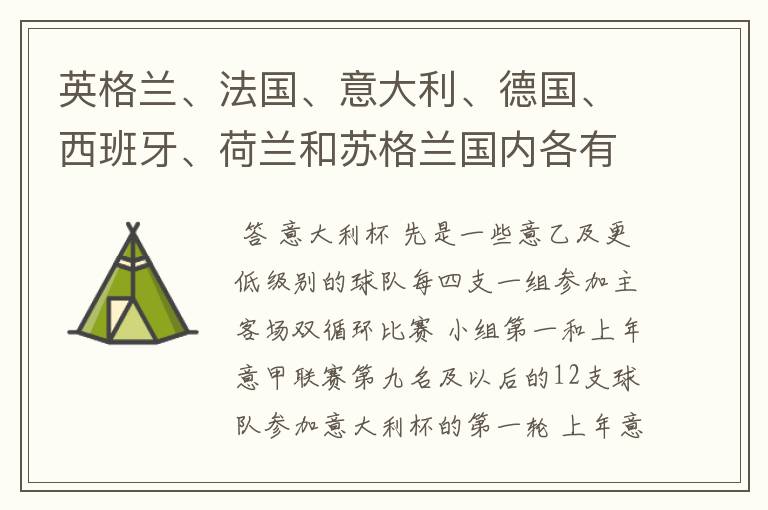 英格兰、法国、意大利、德国、西班牙、荷兰和苏格兰国内各有什么杯赛?