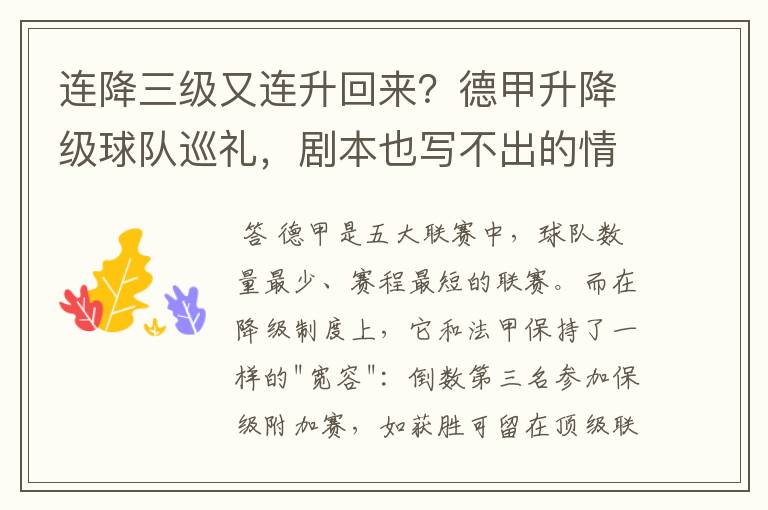 连降三级又连升回来?德甲升降级球队巡礼,剧本也写不出的情节