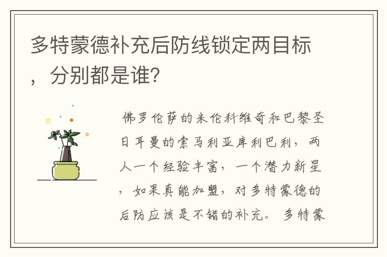 多特蒙德补充后防线锁定两目标,分别都是谁?