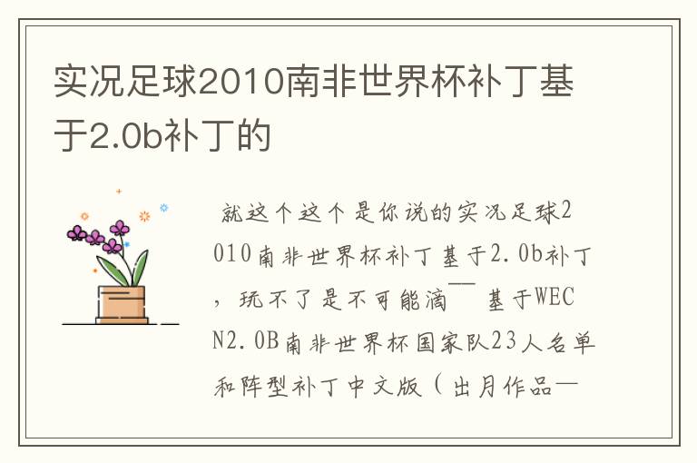 实况足球2010南非世界杯补丁基于2.0b补丁的