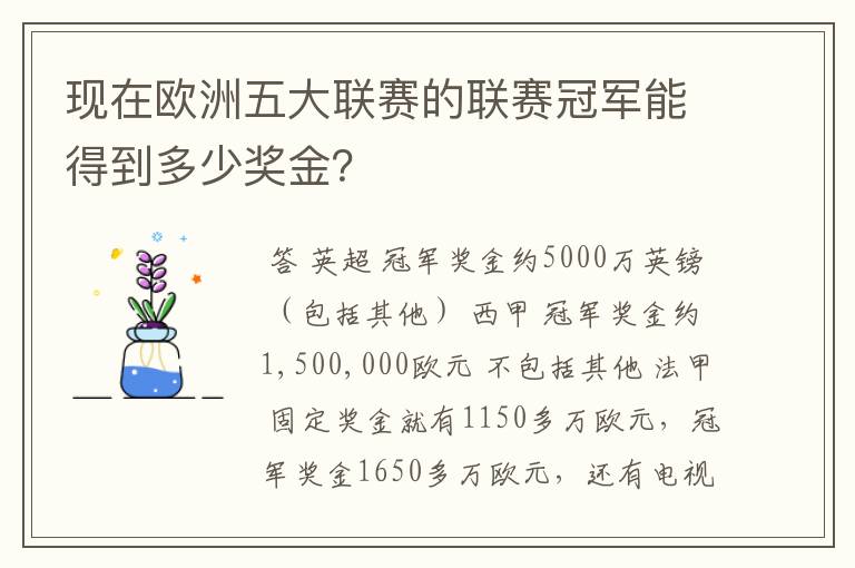 现在欧洲五大联赛的联赛冠军能得到多少奖金?