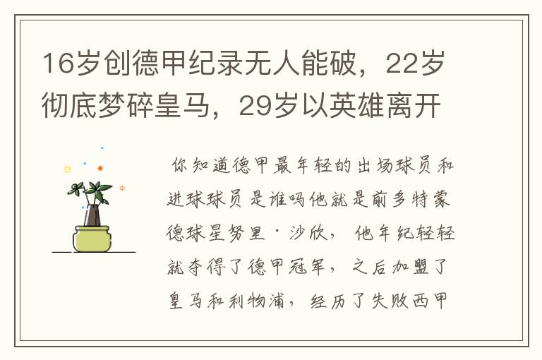 16岁创德甲纪录无人能破,22岁彻底梦碎皇马,29岁以英雄离开多特
