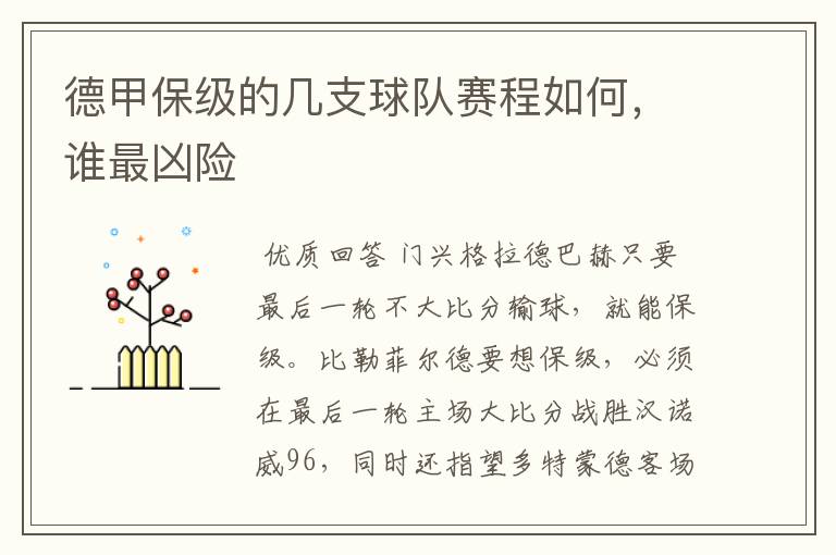 德甲保级的几支球队赛程如何,谁最凶险