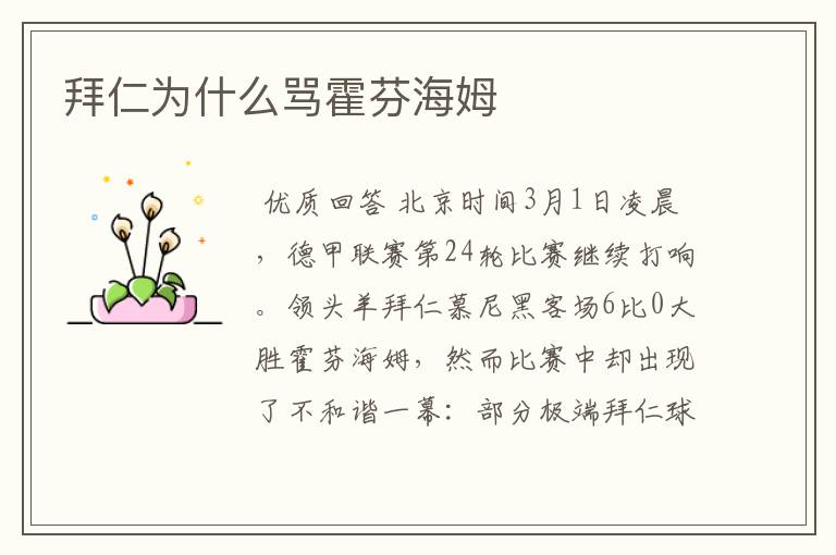 拜仁为什么骂霍芬海姆