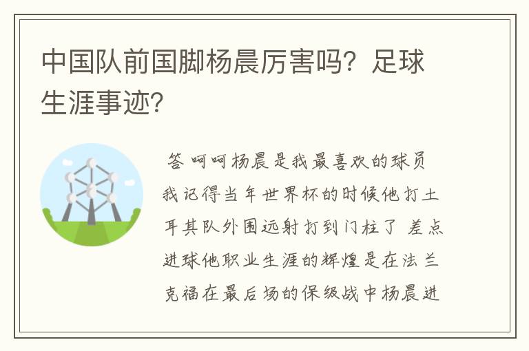 中国队前国脚杨晨厉害吗?足球生涯事迹?